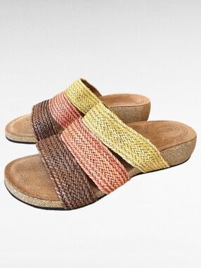 Taos Prudence Slides Multicolor Woven Leather Straps Cork Size 6 - 6.5